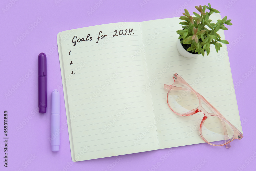 Notebook with empty to do list, eyeglasses and houseplant on lilac background. New year goals