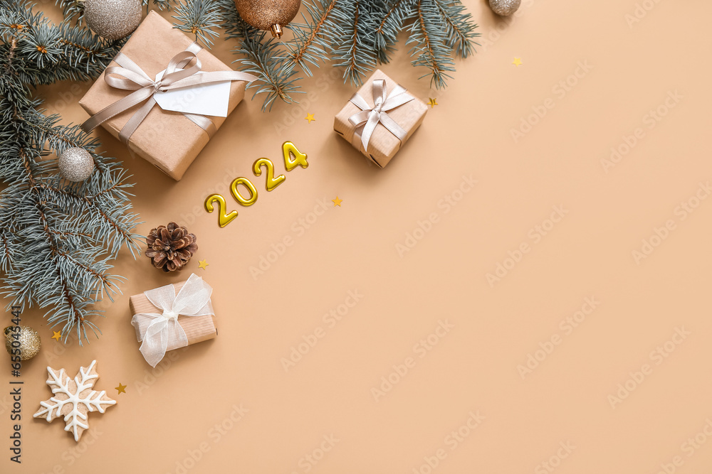 Figure 2024 with Christmas tree branches and gift boxes on brown background