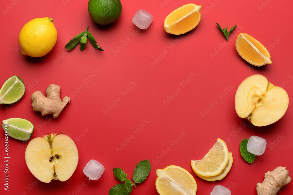 Frame made of ingredients for preparing lemonade on red background