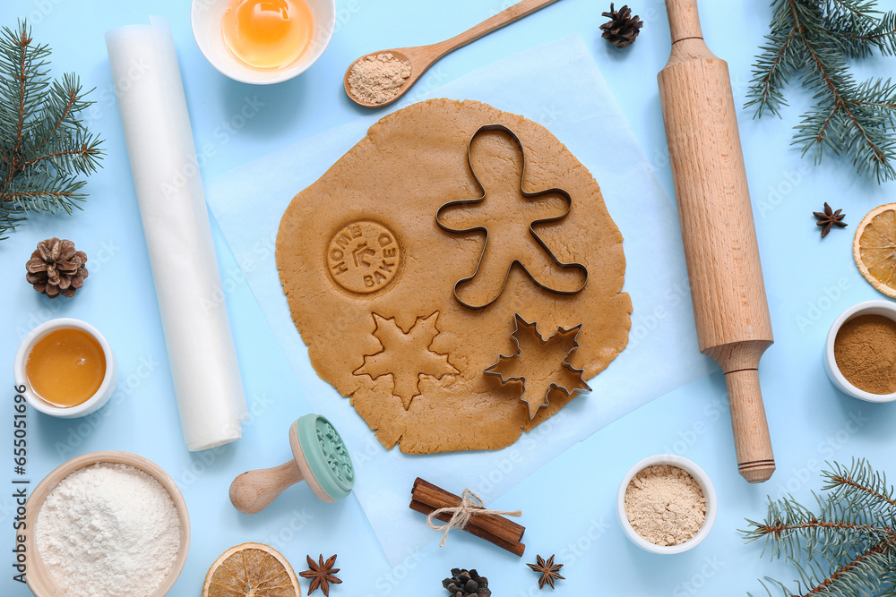 Composition with ingredients and utensils for preparing tasty Christmas cookies on color background