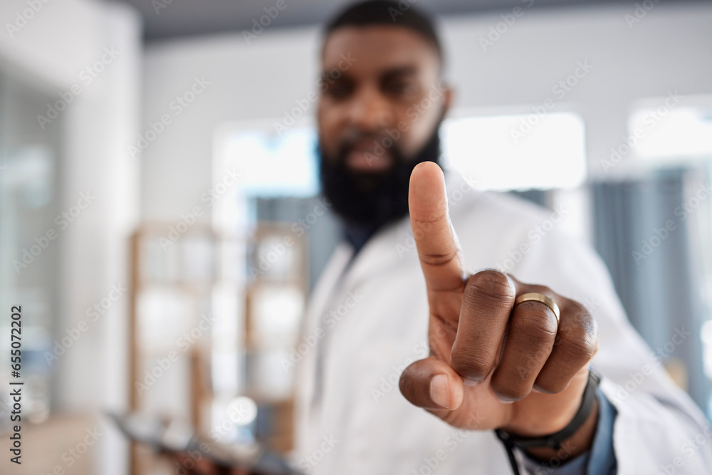 Finger, invisible screen and doctor press key on technology for healthcare, wellness or telehealth. Hand, click touchscreen or medical professional on internet for digital connection on futuristic ui