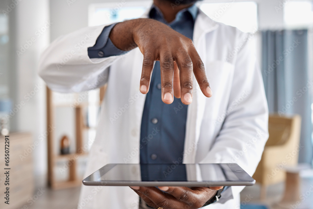 Closeup, doctor and hands with a tablet, futuristic and connection with healthcare, innovation and network. Person, medical professional and worker with tech, digital app and telehealth with internet