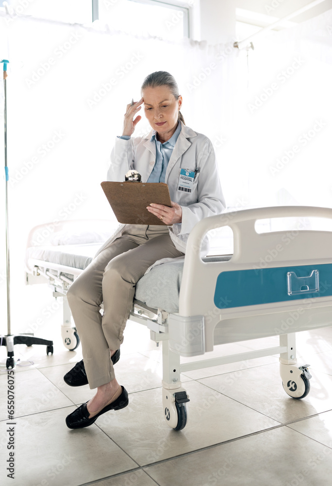 Healthcare, woman and thinking with clipboard at clinic for patient data, checklist and medical results with notes. Doctor, professional or person with documents for information or planning on chart