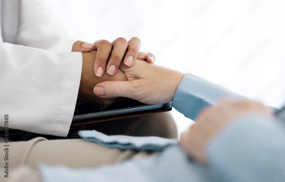 Hospital, holding hands and doctor with patient for care, comfort and empathy for diagnosis news. Healthcare consulting, clinic and health worker with person for support, wellness and medical results