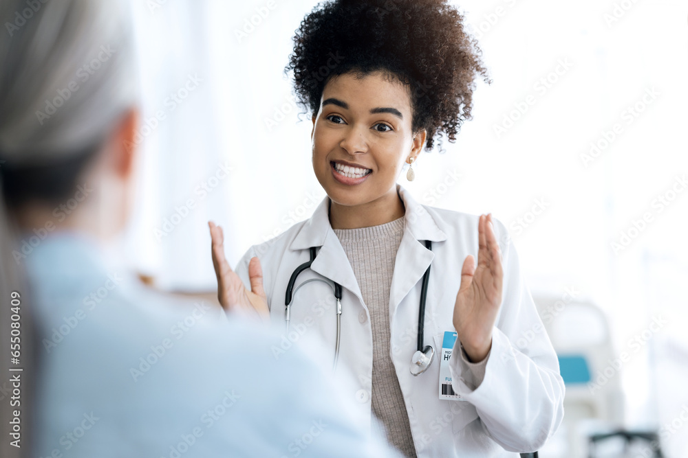 Hospital, consulting and doctor with patient for discussion, talking and empathy for diagnosis news. Healthcare, clinic and health worker explain to person for support, wellness and medical results