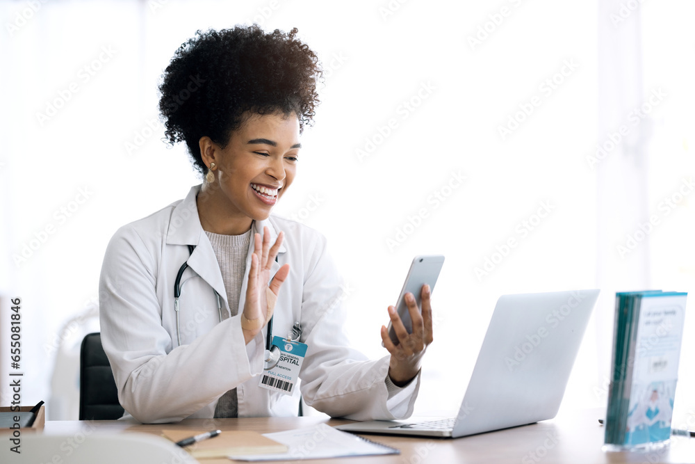 Doctor, woman and video call or phone communication in healthcare, social media or telehealth service at office. Happy african person or medical worker wave hello or talking on mobile voip for advice