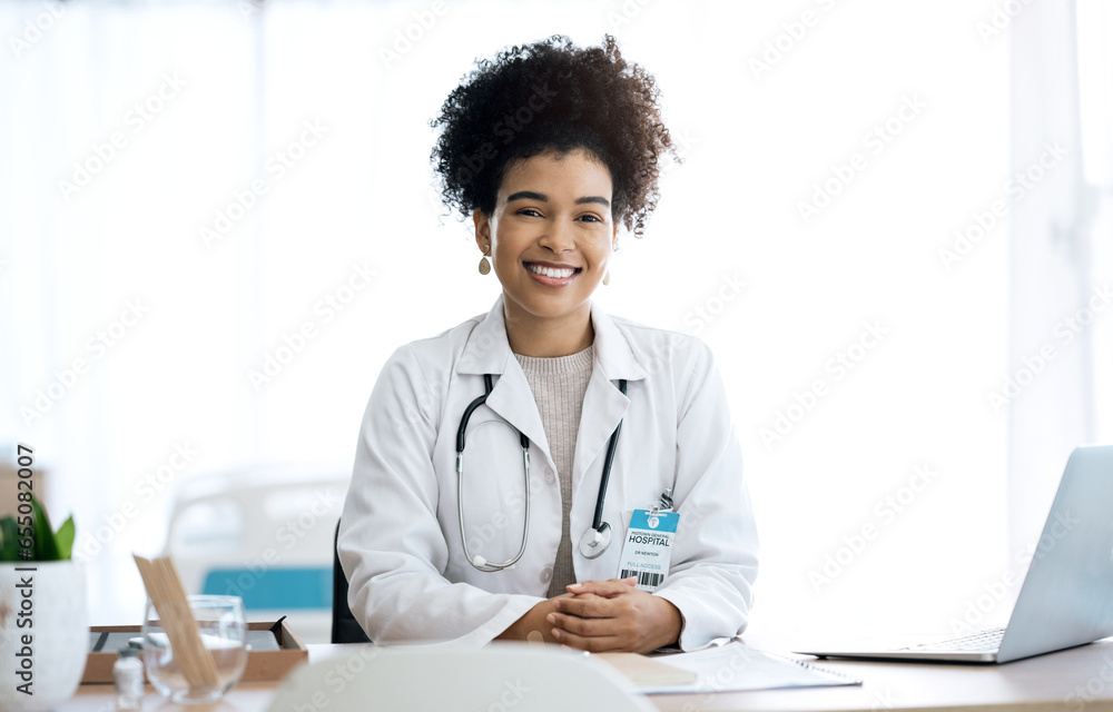 Professional, office and portrait of woman doctor at medical administration desk for medicine information and working. Confident, healthcare and happy worker with smile at surgeon table for insurance