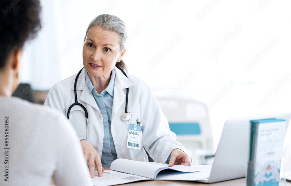 Doctor, woman and documents for healthcare consultation, hospital support and patient charts, history or test results. Medical professional and client with folder, paperwork and discussion in office