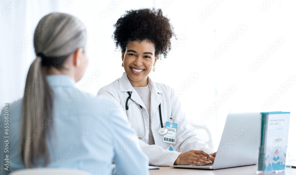 Doctor, woman and laptop for healthcare support, hospital services and patient history, charts or results in office. Medical professional and client on computer for consultation information or advice