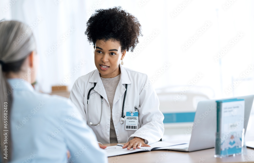 Doctor, woman and patient folder in healthcare consultation, hospital support and advice for test results. Client and medical professional with documents folder, paperwork and discussion in office