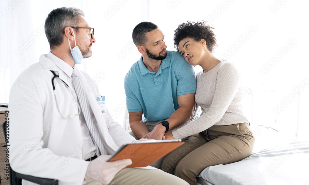 Doctor consultation, problem and couple sad over bad online results, gynecology news or medicine healthcare fail. Clinic gynecologist, marriage people or medical surgeon support, help or empathy care