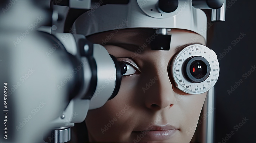 Eye examination at the slit lamp. Female ophthalmologist using apparatus. Generative Ai