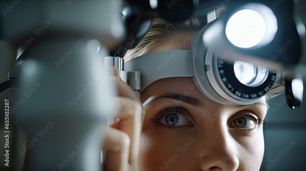 Female ophthalmologist using apparatus, Eye cataract examination. Generative Ai