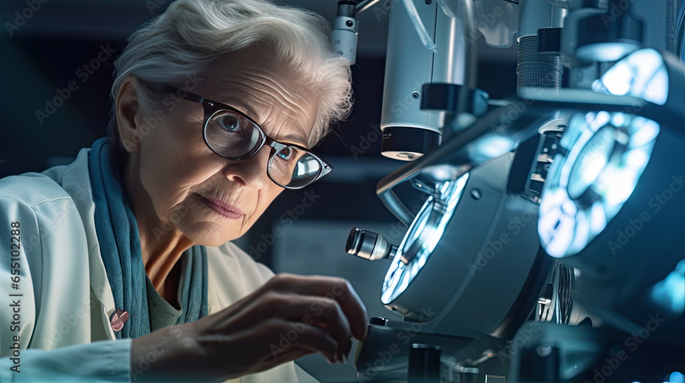 Female ophthalmologist using apparatus, Eye cataract examination. Generative Ai