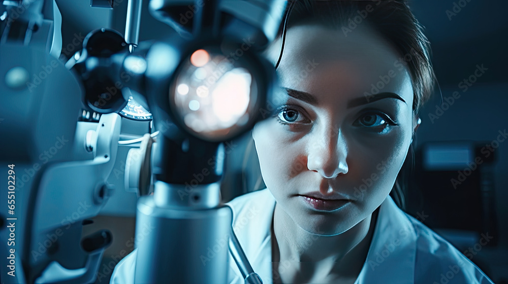 Female ophthalmologist using apparatus, Eye cataract examination. Generative Ai