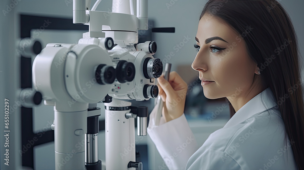 Female ophthalmologist using apparatus, Eye cataract examination. Generative Ai