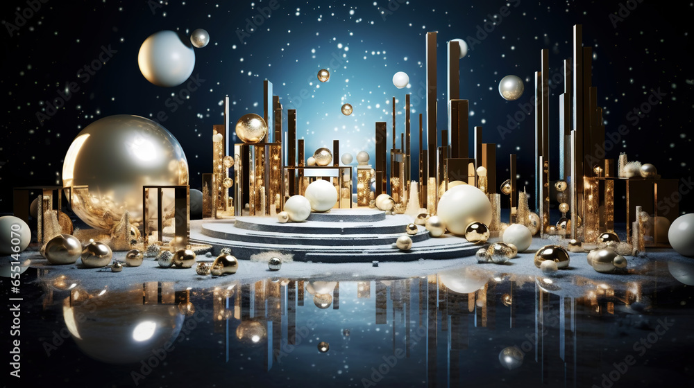 Modern shiny creative Christmas backdrop. Golden festive New Year background. Generative AI