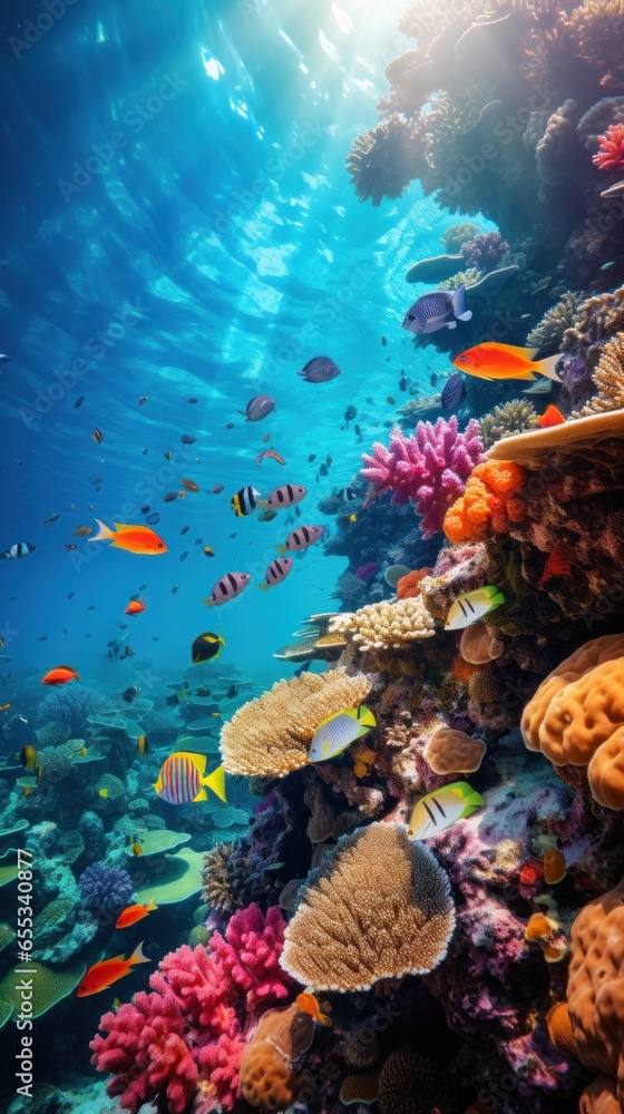 Colorful coral reef teeming with fish and marine life