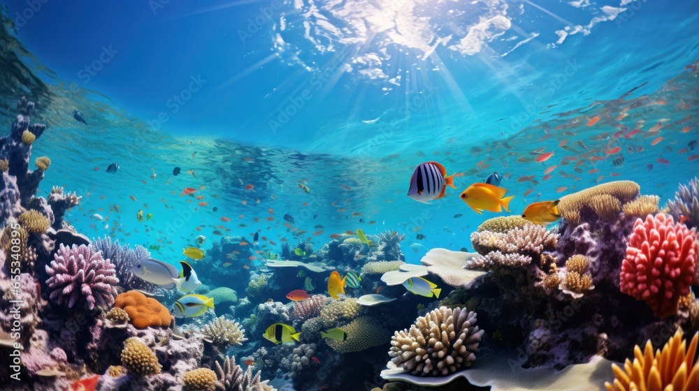 Colorful coral reef teeming with fish and marine life