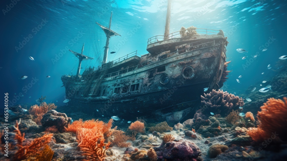 Eerie shipwreck resting on the ocean floor, surrounded by marine life