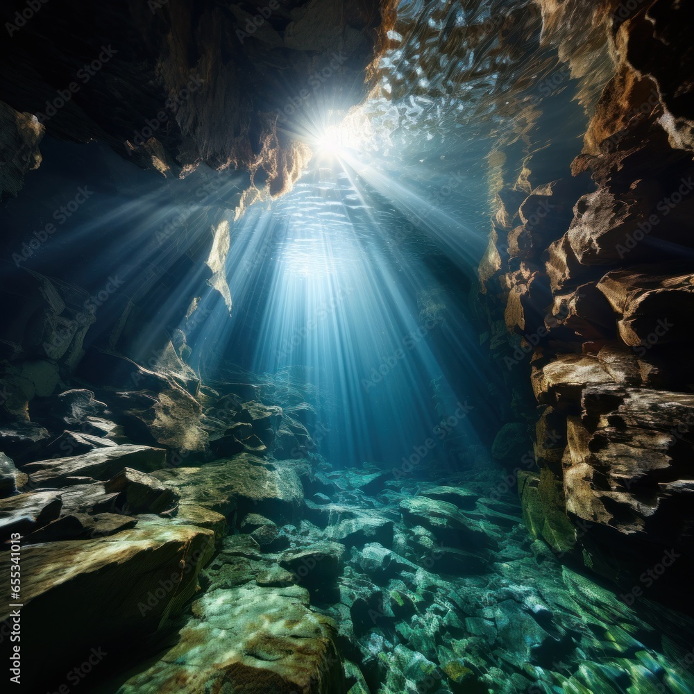 Dramatic underwater cave with beams of sunlight shining