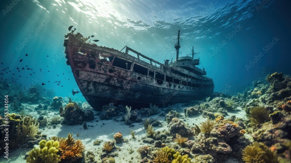 Eerie shipwreck resting on the ocean floor, surrounded by marine life