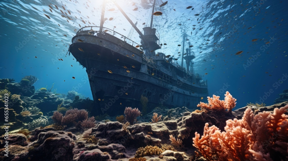 Eerie shipwreck resting on the ocean floor, surrounded by marine life