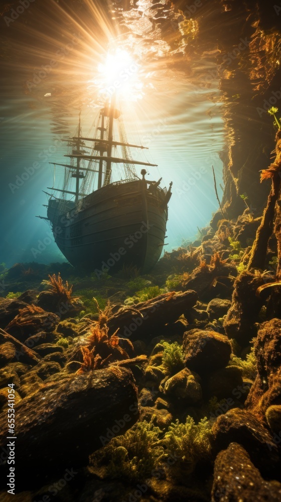 Eerie shipwreck resting on the ocean floor, surrounded by marine life