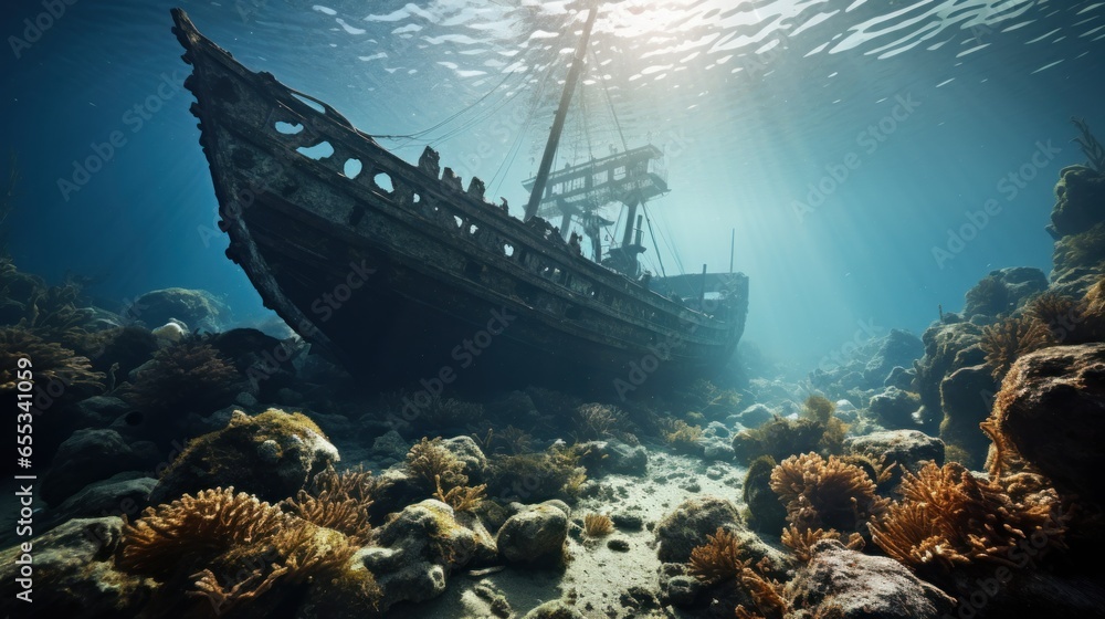 Eerie shipwreck resting on the ocean floor, surrounded by marine life