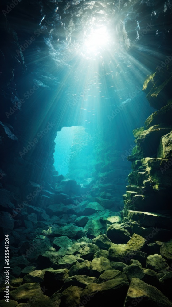 Dramatic underwater cave with beams of sunlight shining