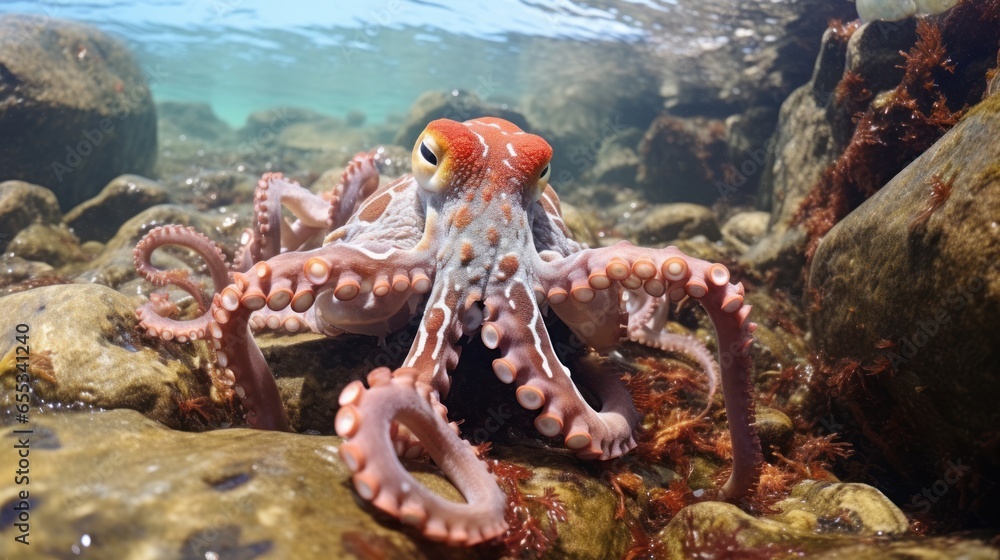 Elusive octopus camouflaged in the rocks and seaweed