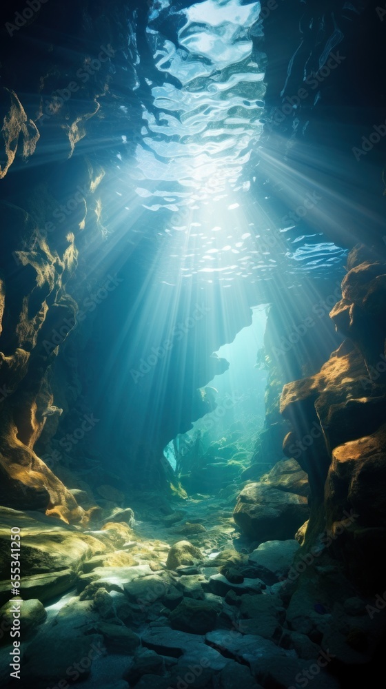 Dramatic underwater cave with beams of sunlight shining