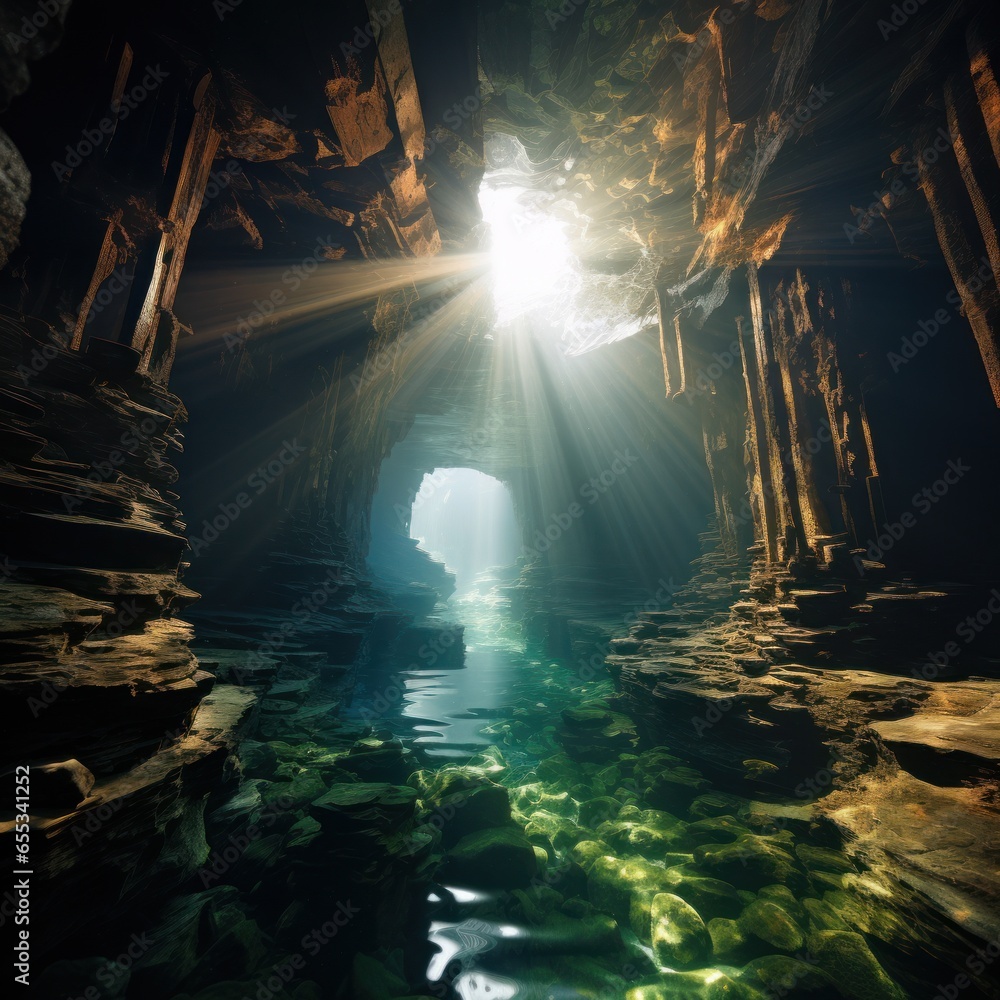 Dramatic underwater cave with beams of sunlight shining