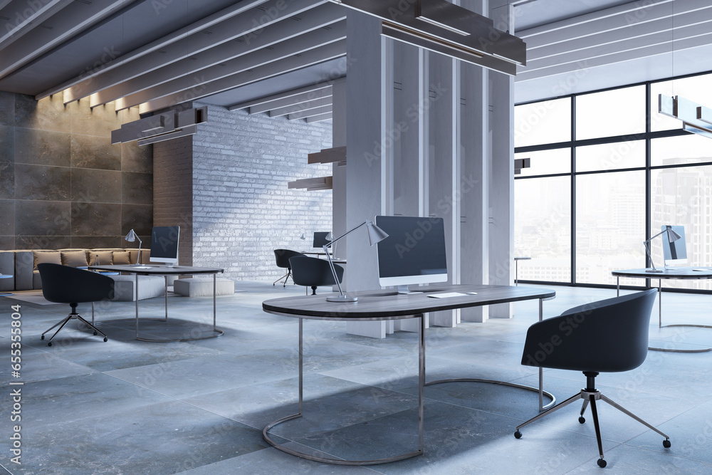 Modern coworking office interior with decorative stone wall, furniture, windows and city view. Empty room. 3D Rendering.