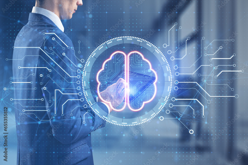 Close up of businessman using tablet with creative digital brain hologram with circuit on blurry office interior background. Artificial intelligence and machine learning concept. Double exposure.