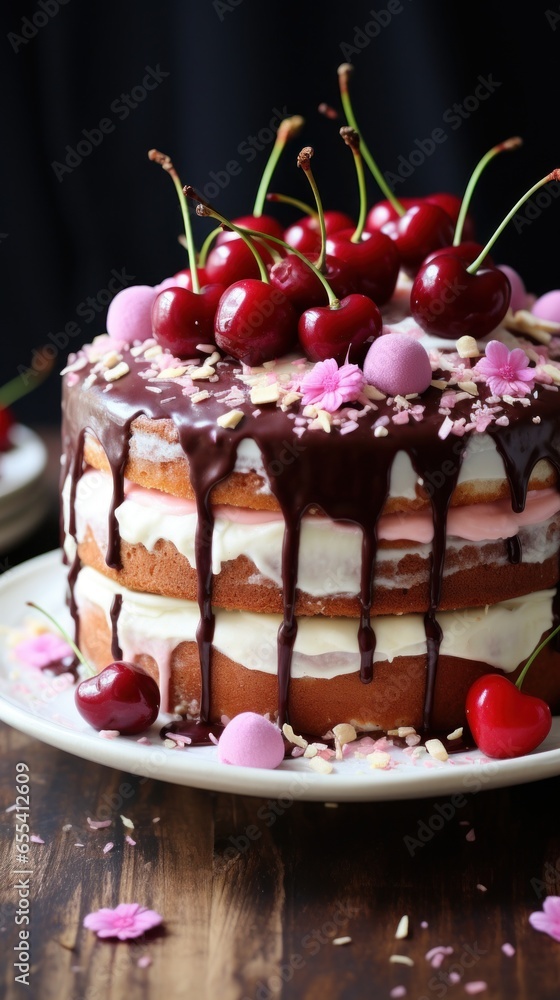 Funfetti cake with drip icing and cherries