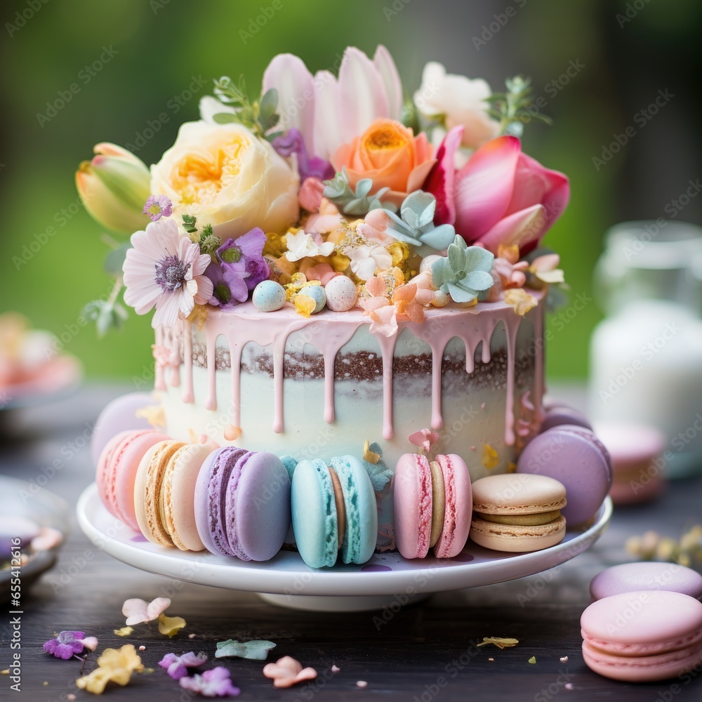 Pastel rainbow cake with macarons and flowers