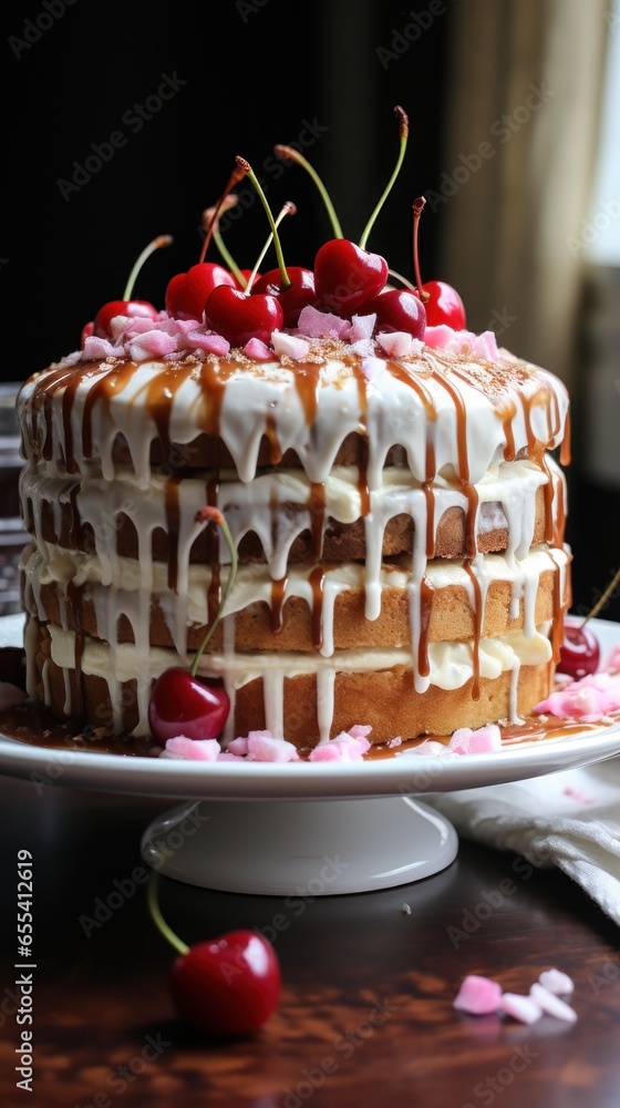 Funfetti cake with drip icing and cherries