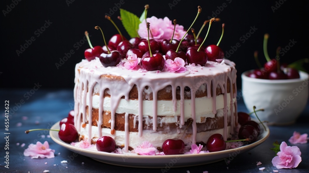 Funfetti cake with drip icing and cherries