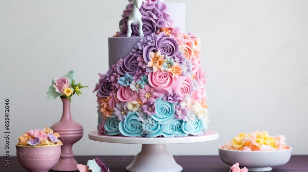 Whimsical unicorn cake with rainbow layers