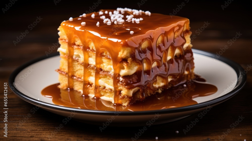 Gooey caramel cake drizzled with caramel sauce and sea salt