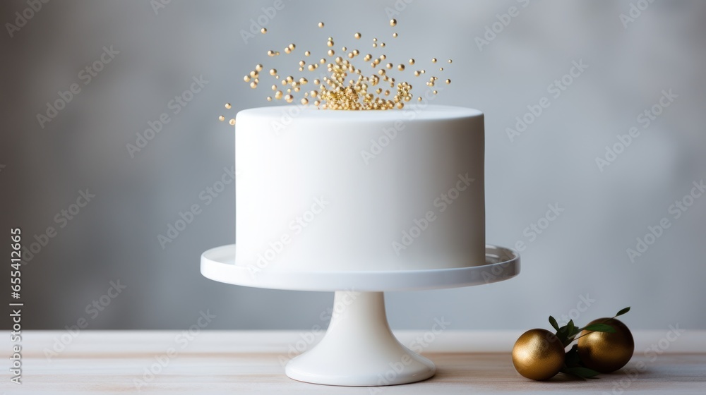 Minimalist white cake with gold happy birthday topper