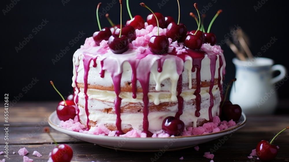 Funfetti cake with drip icing and cherries