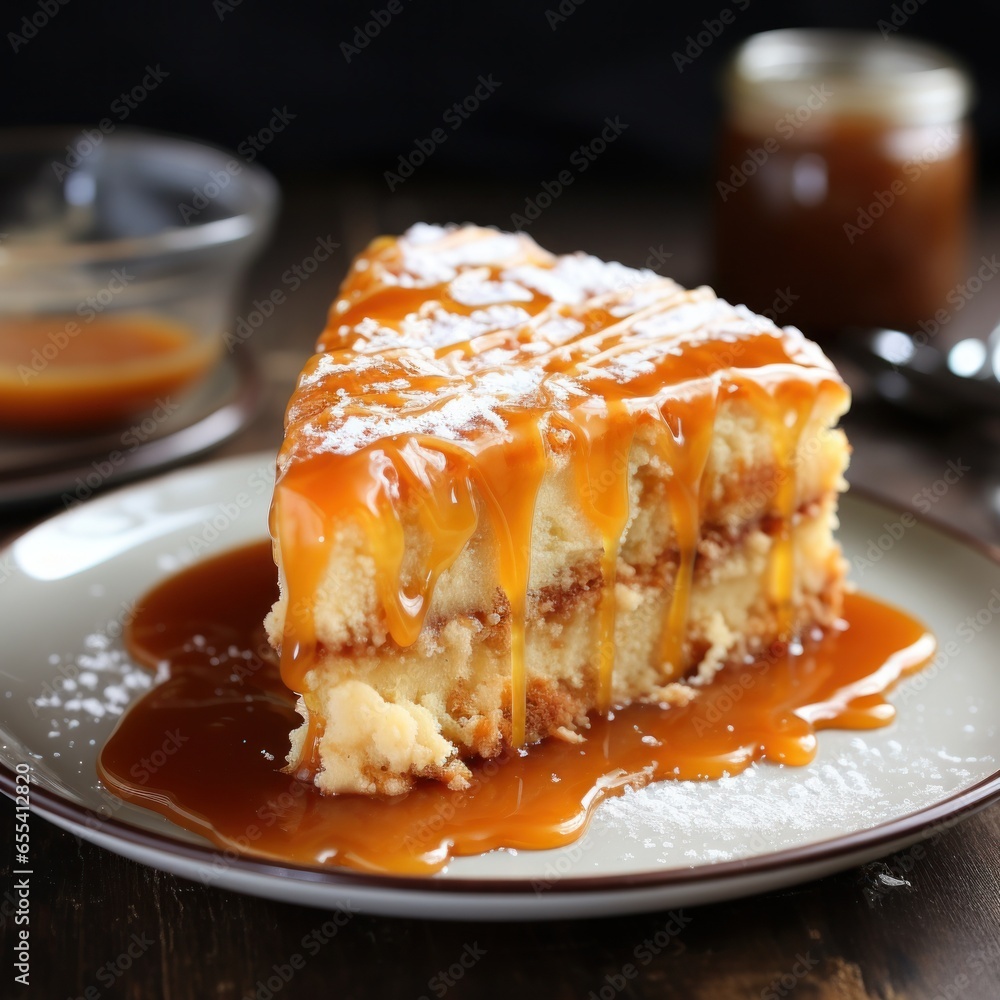 Gooey caramel cake drizzled with caramel sauce and sea salt