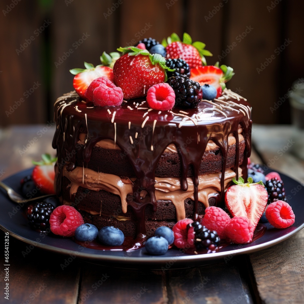 Decadent chocolate cake with drippy ganache and fresh berriesz