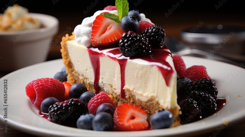 Rich and creamy cheesecake with graham cracker crust and fruit topping