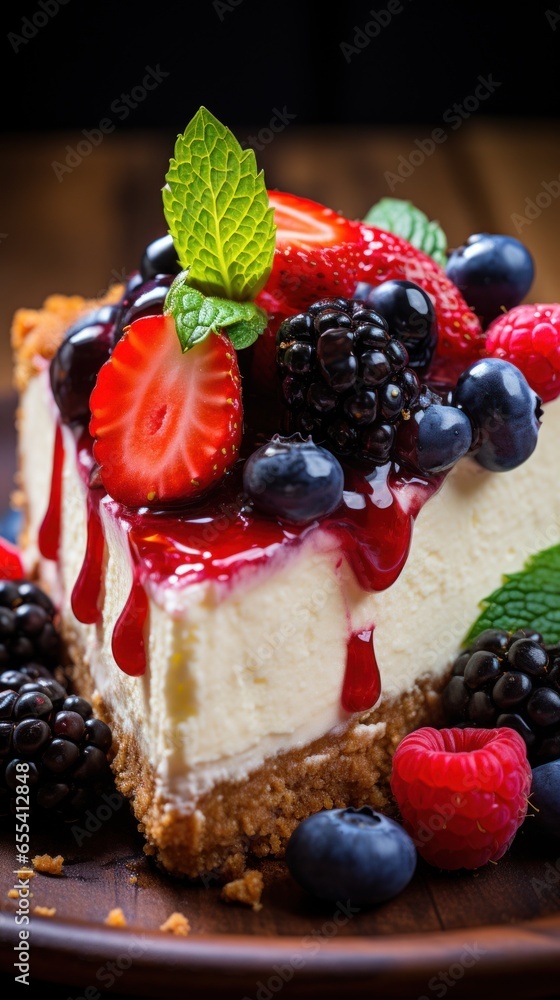 Rich and creamy cheesecake with graham cracker crust and fruit topping