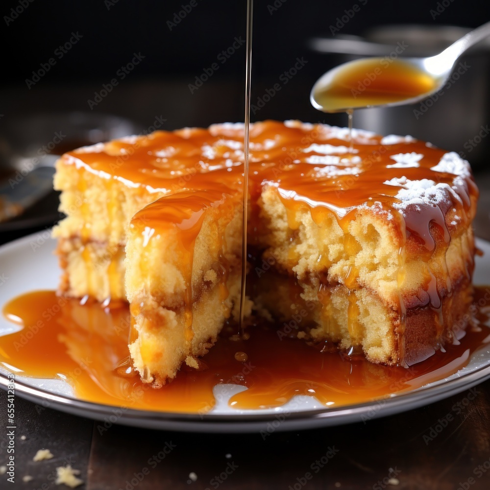 Gooey caramel cake drizzled with caramel sauce and sea salt