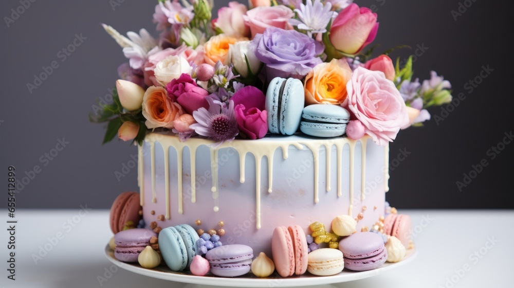 Pastel rainbow cake with macarons and flowers