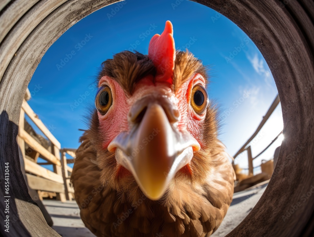 Close-up portrait of a curious squirrel. Detailed image of the muzzle. A wild animal is looking at something. Nature background. Illustration with distorted fisheye effect.